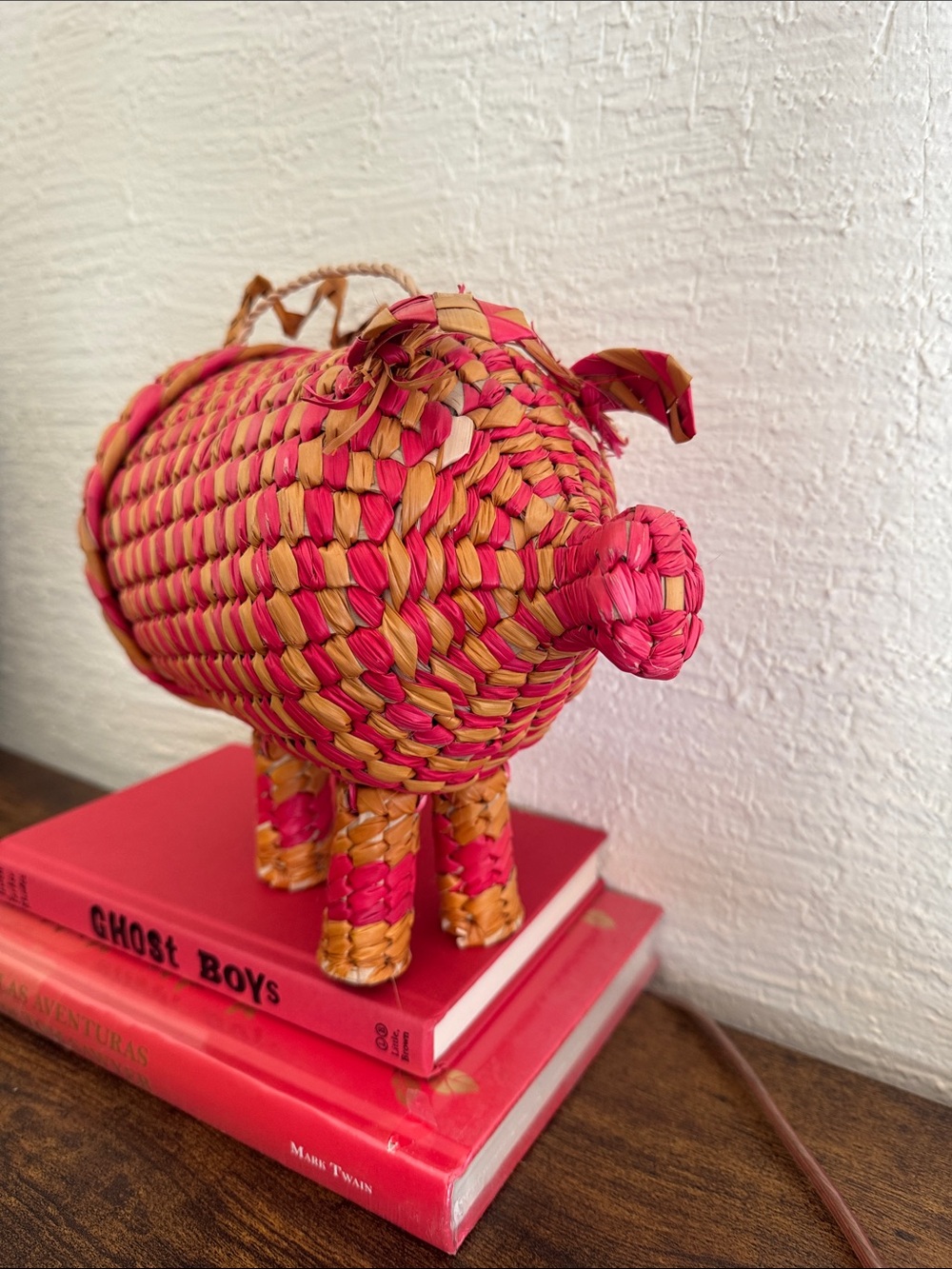 Handwoven Pink & Tan Pig Basket Accent